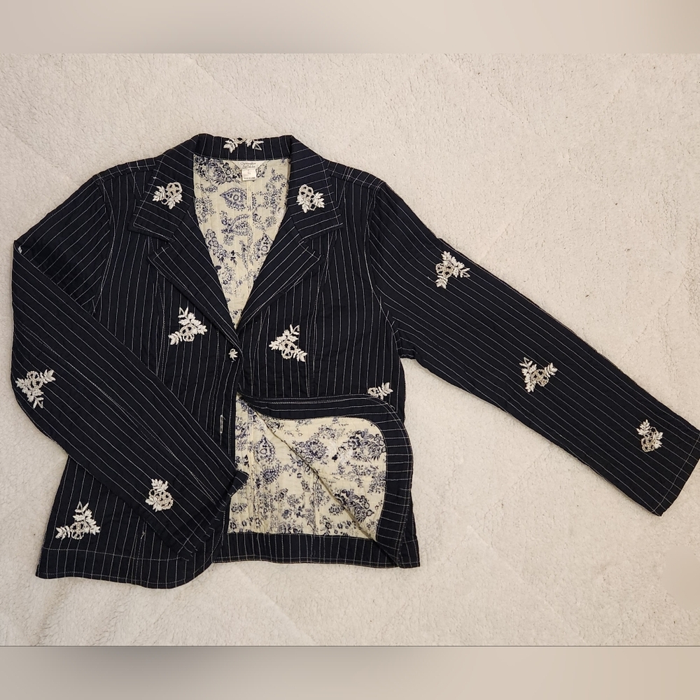 Christopher & Banks Navy Pinstripe Floral Embroidered Blazer